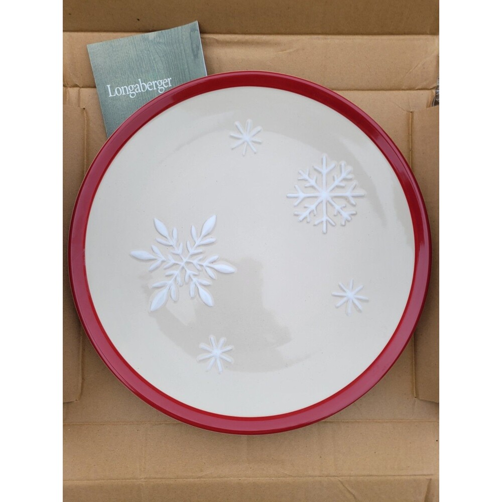 Longaberger Pottery Falling Snow Cookie Plate Red White Snowflakes Platter 12"